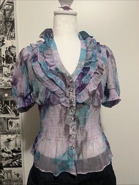 Spicy Ruffle Button-Front Blouse in Lavender & Teal